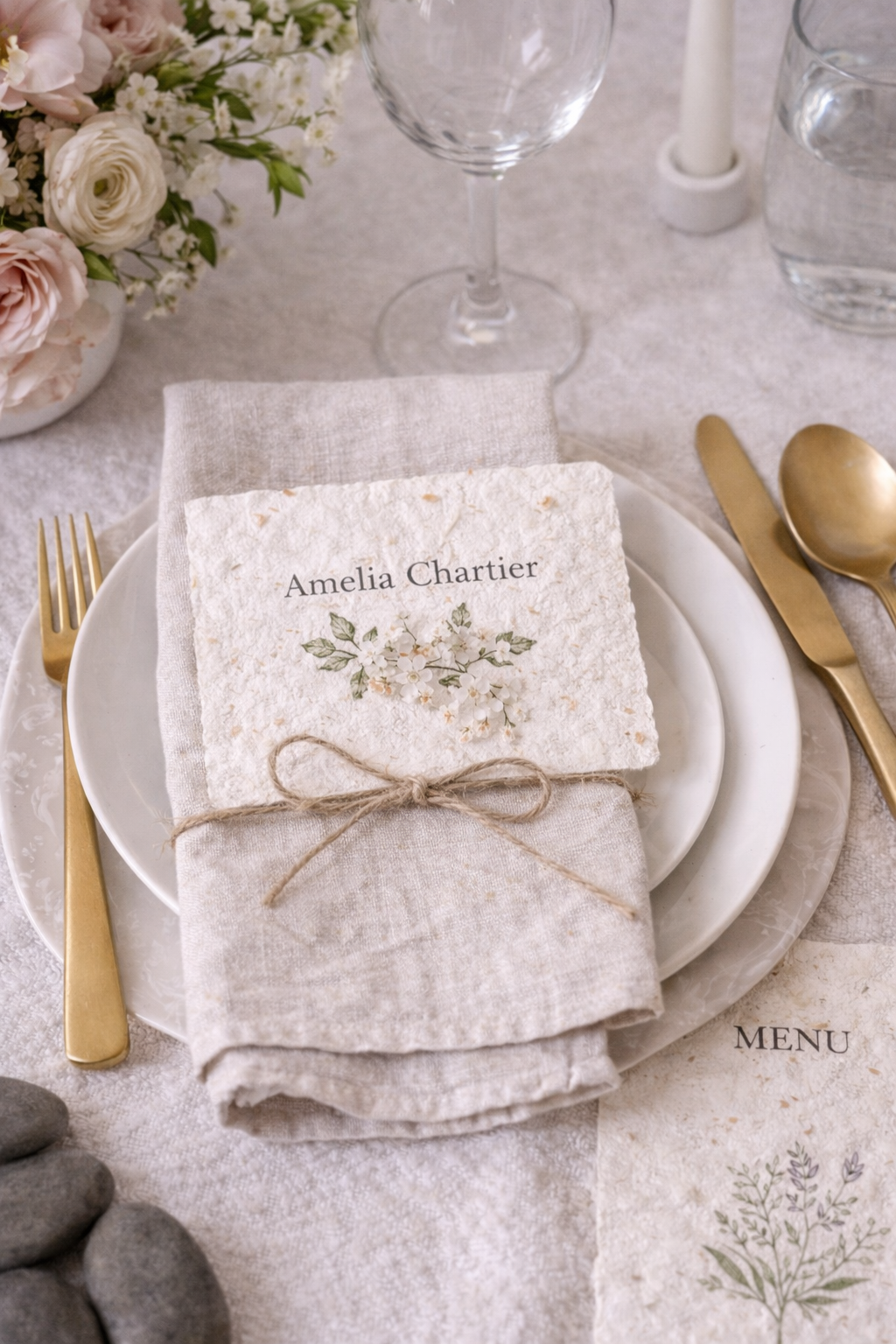 Set de papelería de boda fotografiado sobre mesa